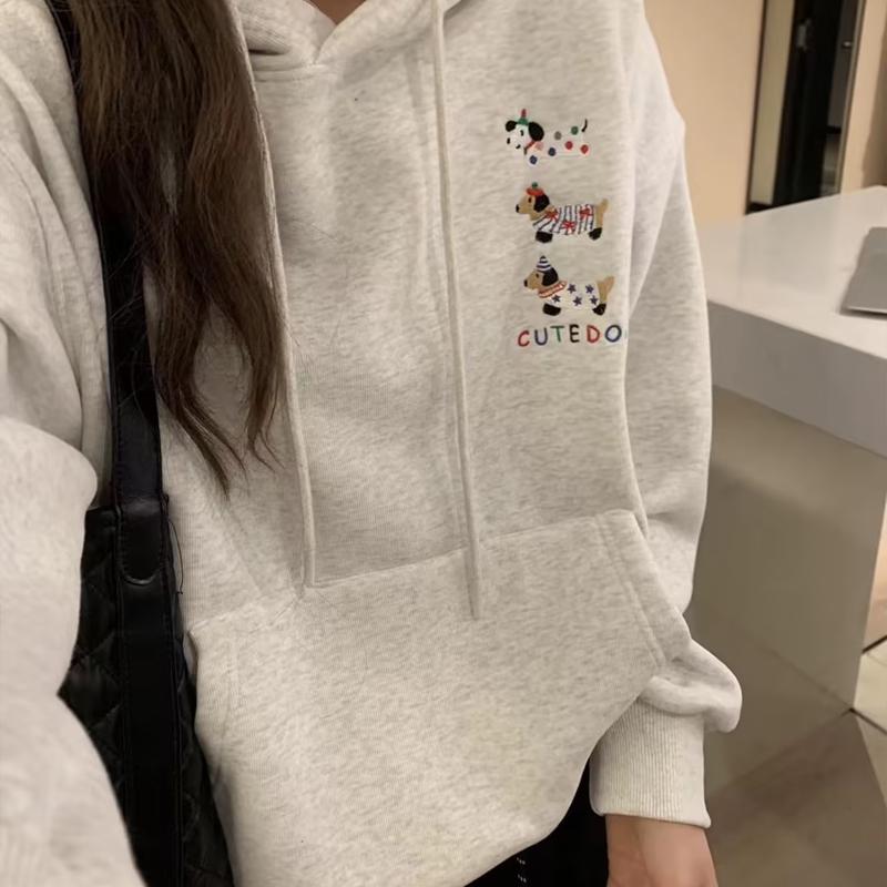 Retro Heavyweight Embroidered Dog Print 3D Cartoon Cute Hooded Casual Versatile Hoodie