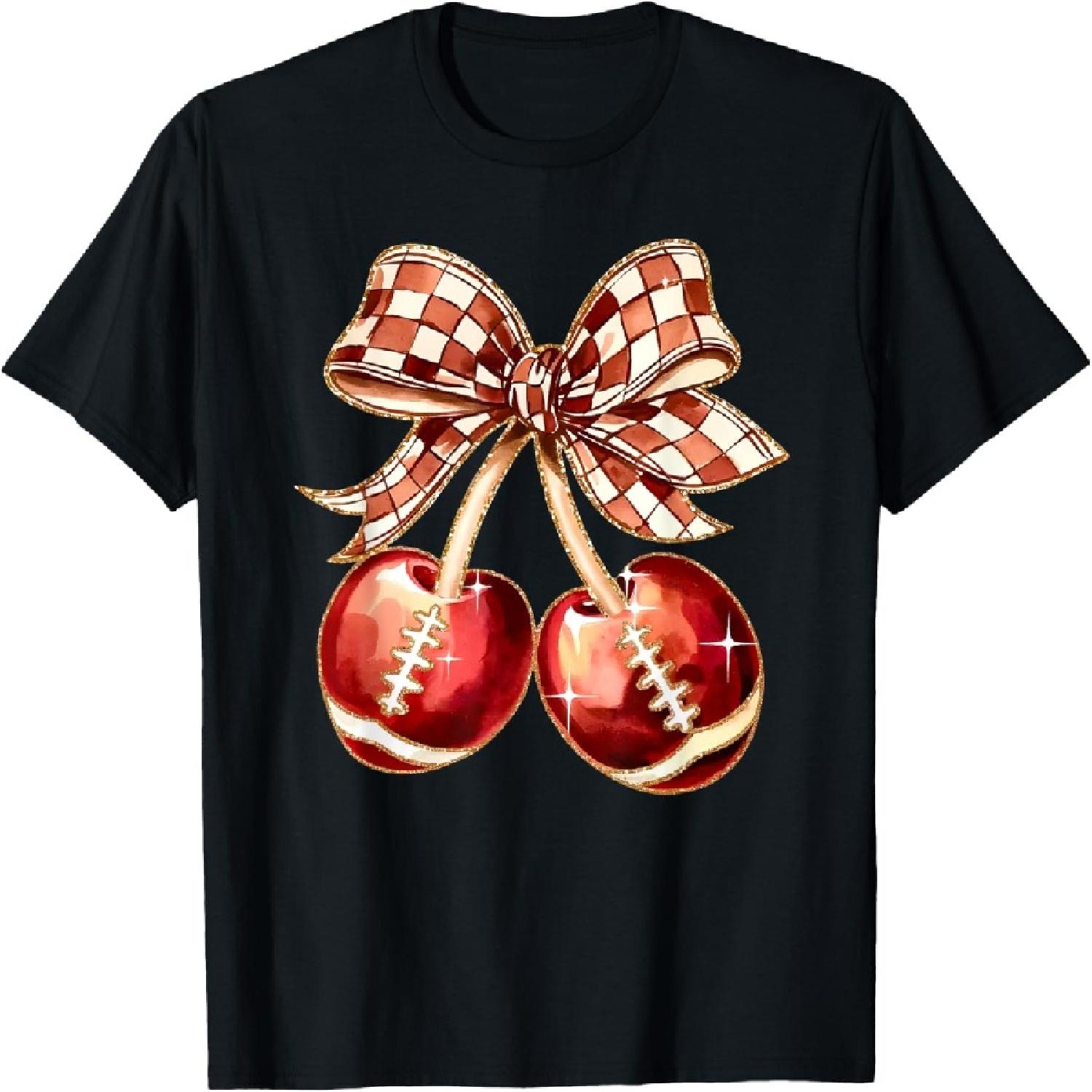 Coquette Bow Cherries Football Mom Game Day Women Girls Kids T-Shirt S