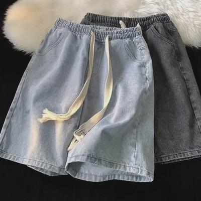 2024 Summer Loose Straight Denim Shorts: Retro Drawstring Casual Solid-Color Shorts