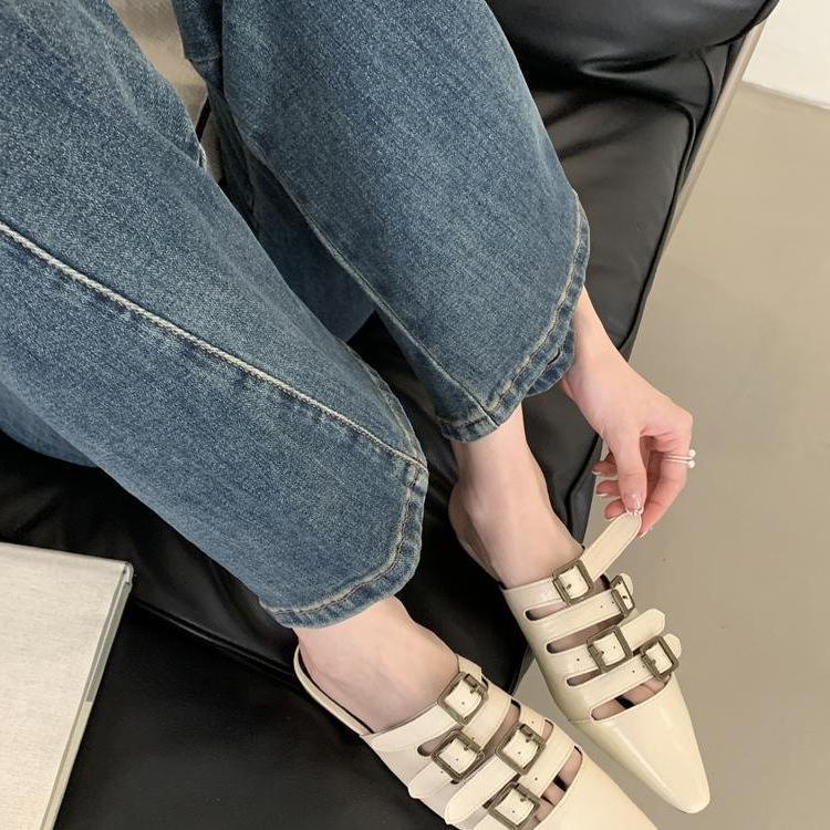 

New women s shoes metal belt buckle three strips with pointed end French retro Mary Jane shoes pointed end bag head slippers women 35 чёрный