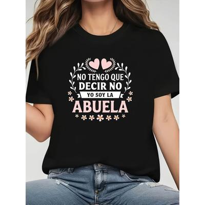 Women's Spanish Love Phrase T-Shirt "Abuela" (Grandmother) Heart Wreath Print - Short Sleeve Round Neck Casual Blouse for Parties, Casual Attire &