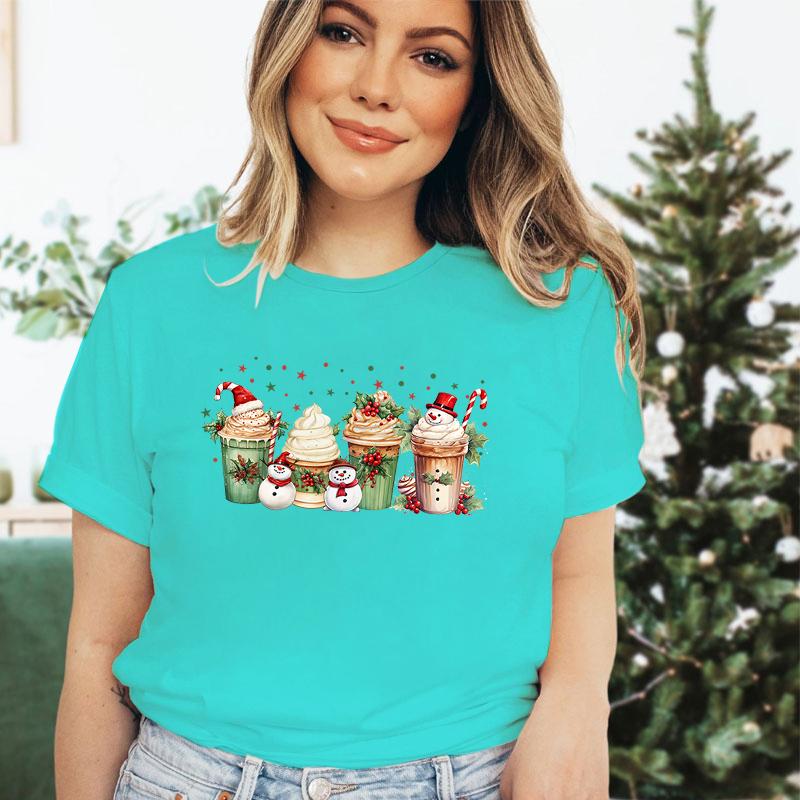 Snowman Coffee Christmas Women T Shirt Tops Tee Red Tshirt Female Summer Tshirt Christmas Graphic Tee Female Cute Tops Tee