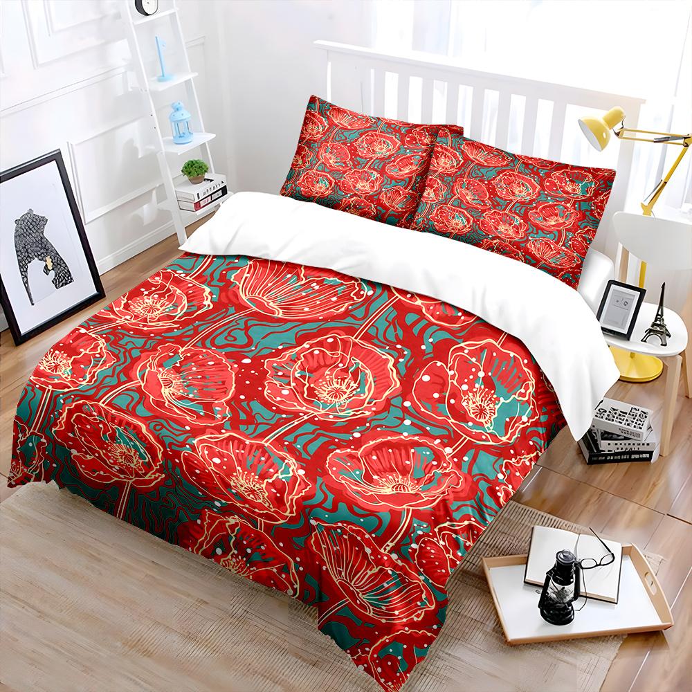 Red flowers with blue background Print Soft Comfortable Duvet Cover Bedding Set Included 1*Duvet Cover 2*Pillowcases