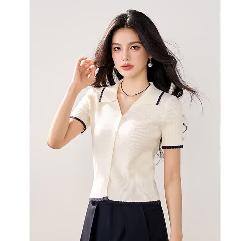 Women s Color-block V-neck Polo Knit Cardigan L