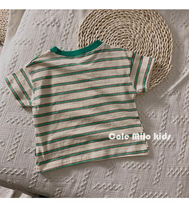 Vielseitiges gestreiftes Leinen-Baumwoll-T-Shirt für Jungen & Mädchen – Kurzarm, Koreanischer Stil, Lockere Passform, Colorblock-Design, Sommer-Modetop.