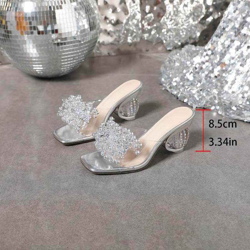 New Style Women's Water Diamond Flower Sandals with Transparent Thick Bottom Party Dress Slippers Mules High Heels Zapatos Mujer