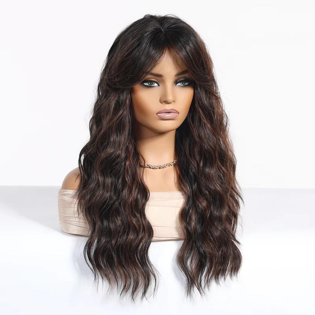 BLONDE UNICORN Synthetic Wig PDark Brown Curly Wavy Wigs with Bangs Cosplay Party UseHeat Resistant Fiber for Women Girl