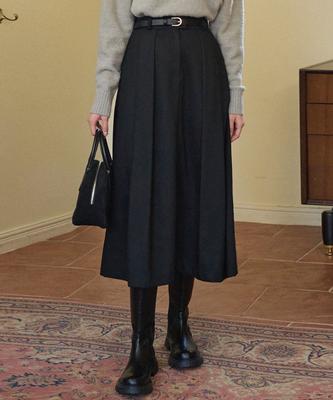 Micene Urbane Pleated Long Skirt - Belt Set Black