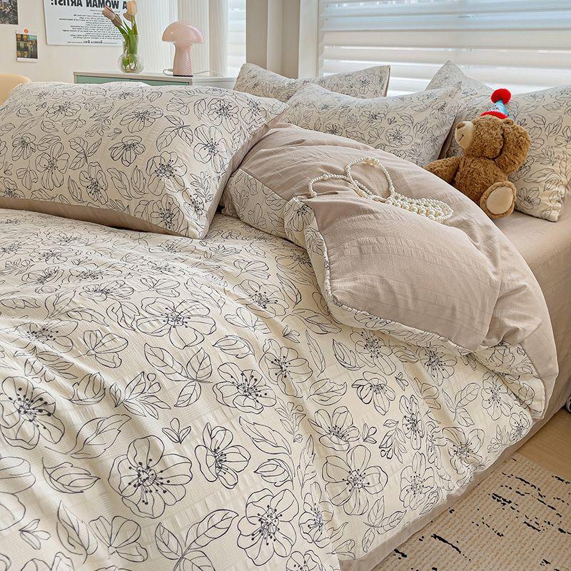 Floral Print French Style Bedding Set Bubble Cotton Duvet Cover Set Washed Cotton Flat Sheet Set Queen For Girl Decor Home