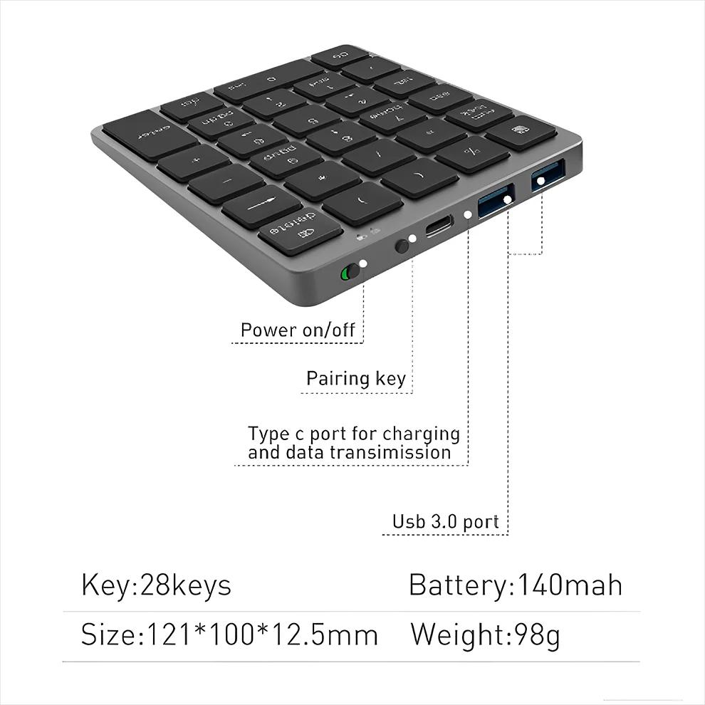 Tastatură numerică Bluetooth fără fir cu HUB USB Tastatură numerică reîncărcabilă cu moduri duale pentru tabletă laptop
