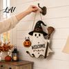 Wooden Halloween Plaque Hanging Door Sign Cute Ghost Welcome Ornament with Witch Wall Decor Hat Pumpkin Lantern Design Holiday for Front Porch