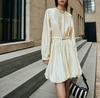 2026 Spring French Drape Puff Sleeve Belted Fluffy Skirt Dress for Women