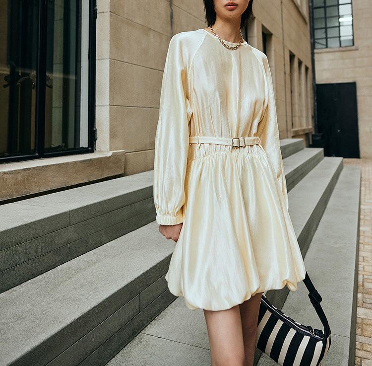 2026 Spring French Drape Puff Sleeve Belted Fluffy Skirt Dress for Women
