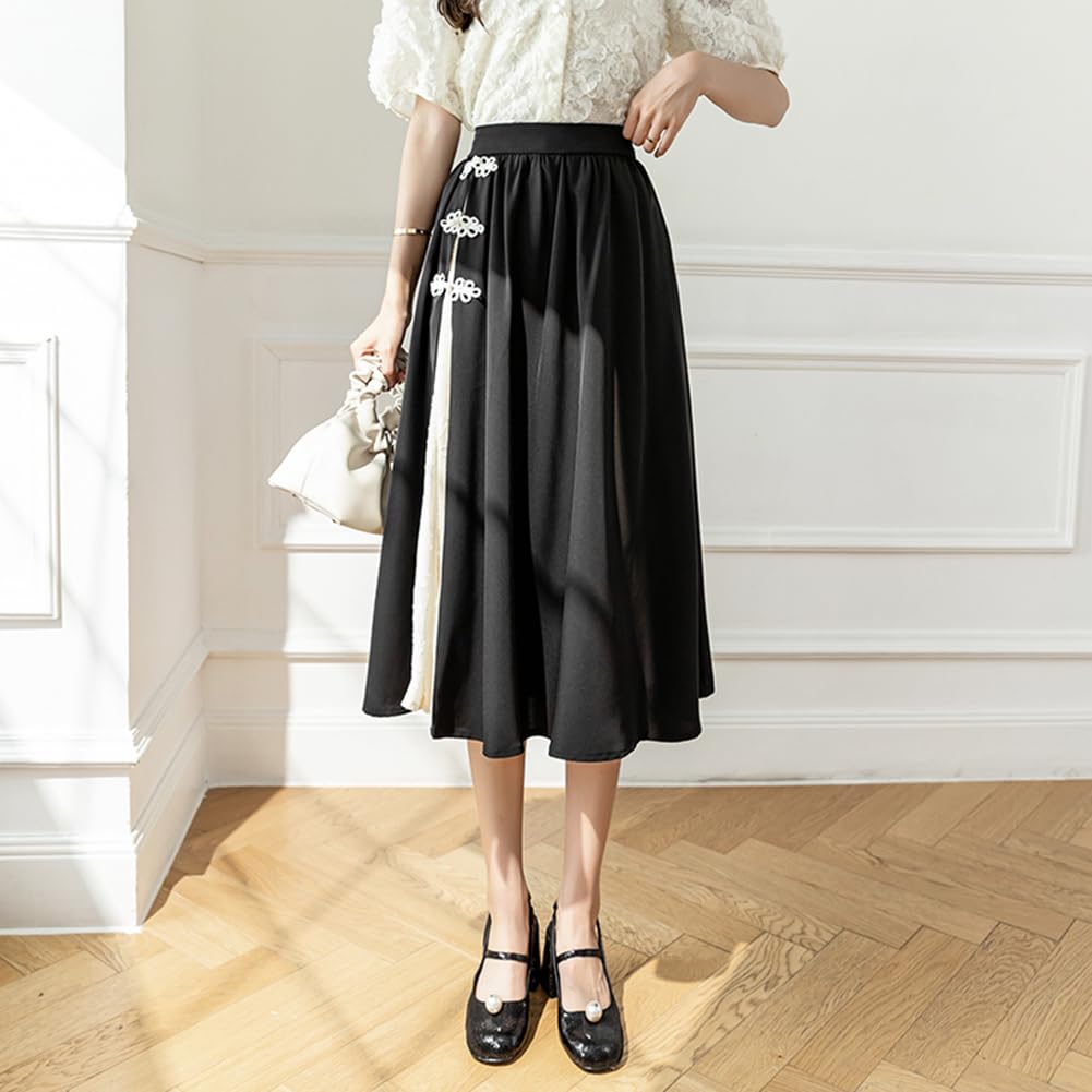 TAHALI Skirt with Chinese Pleated Black Skirt for and Fall Long, High-Waisted, A-Line Buttons, Chinese-Style Spring, Summer, (Size M, Black)