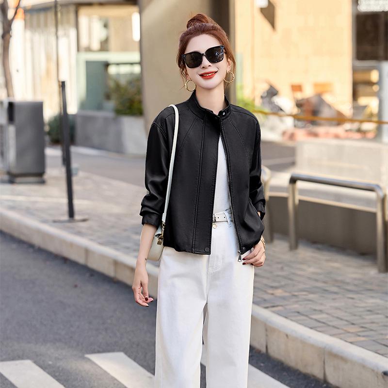 2025 Spring Women's Solid Color Loose PU Leather Stand Collar Jacket Coat Z8805