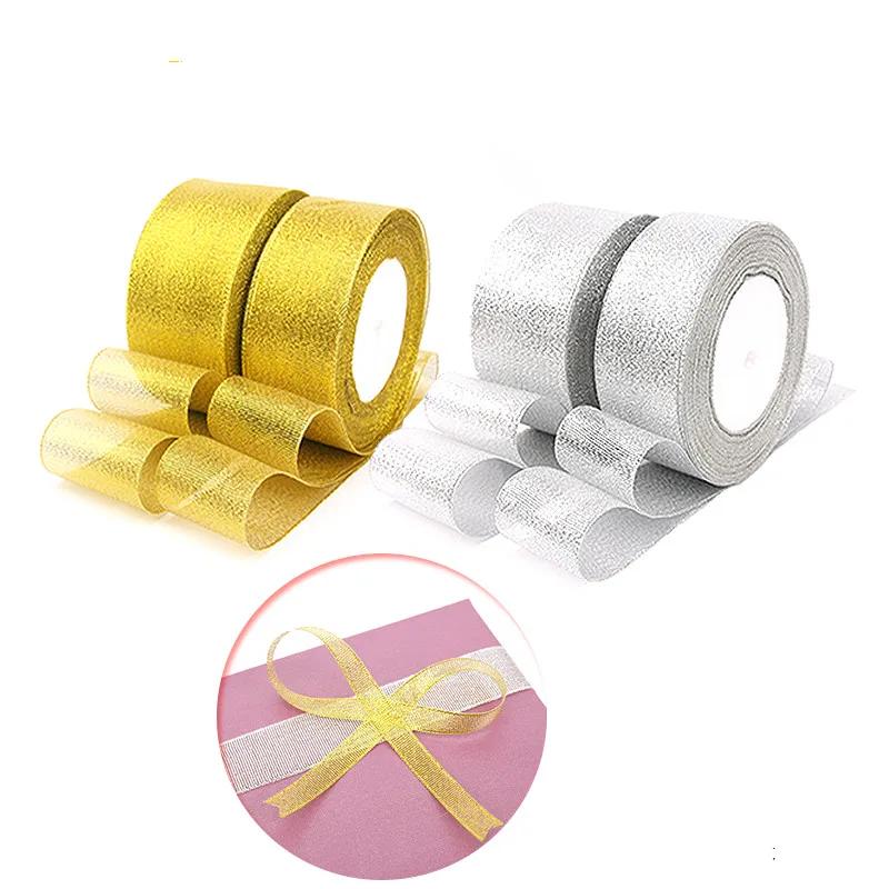 6-50mm Třpytivé stuhy 25 yardů Zlatá/Stříbrná Metalická Organzová Stuha pro Svatební Dort Dárková Dekorace DIY Řemeslné Potřeby