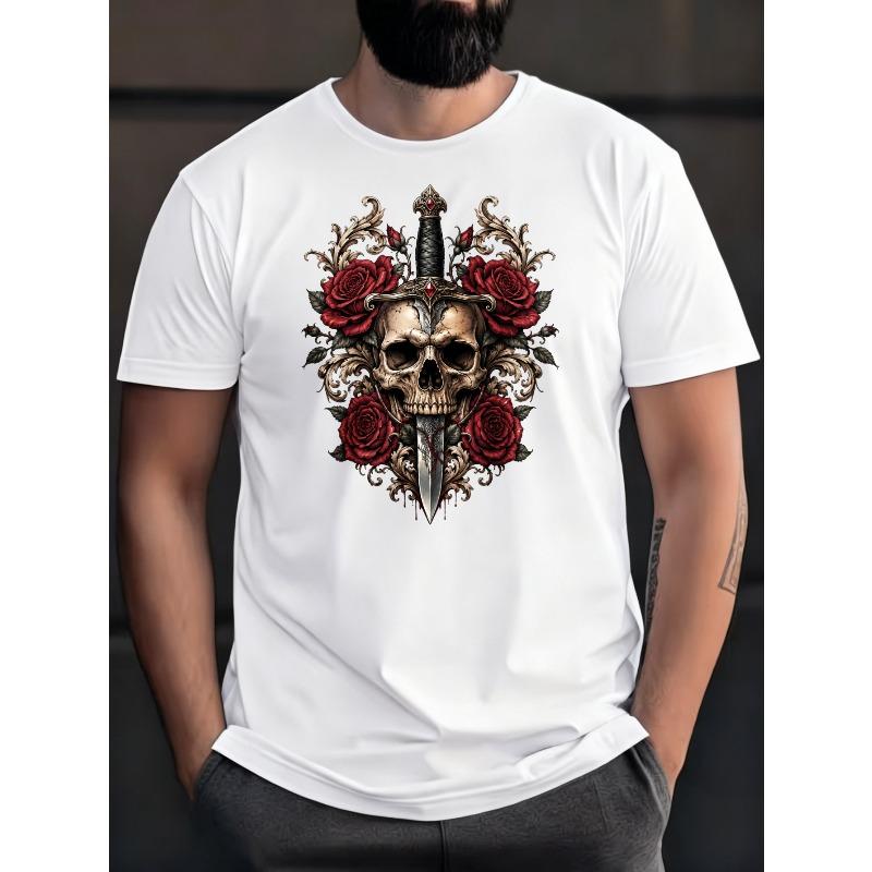 European Size Skull And Rose Sword Design Men'S T-Shirt Soft Breathable Solid Tee for Daily Wear Gothic Art Style Football Mood