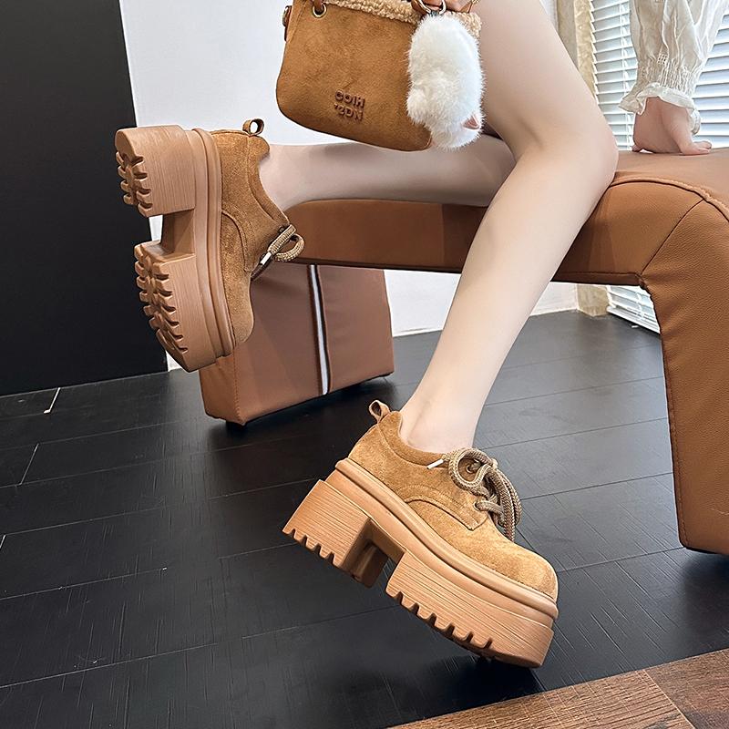 Fashion Women's Thick Sole Loafers Round Head Suede Medium Heel Shoes Women Retro All-match Breathable Anti-slip Shoes Zapatos De Mujer