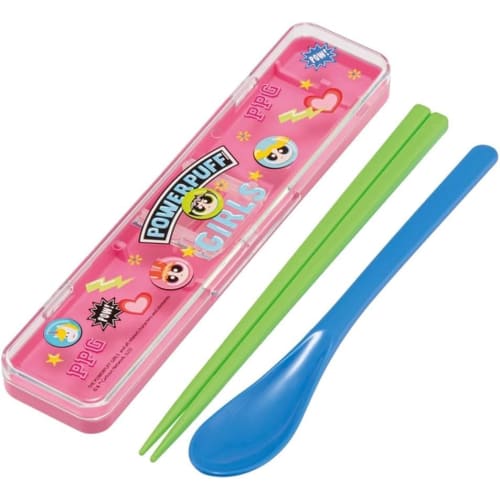Powerpuff Girls Chopsticks and Spoon Combo Set, 18cm, Bento Chopsticks Case, Made in Japan, Dishwasher Safe, Antibacterial (Combo Set, Freezer Bag)