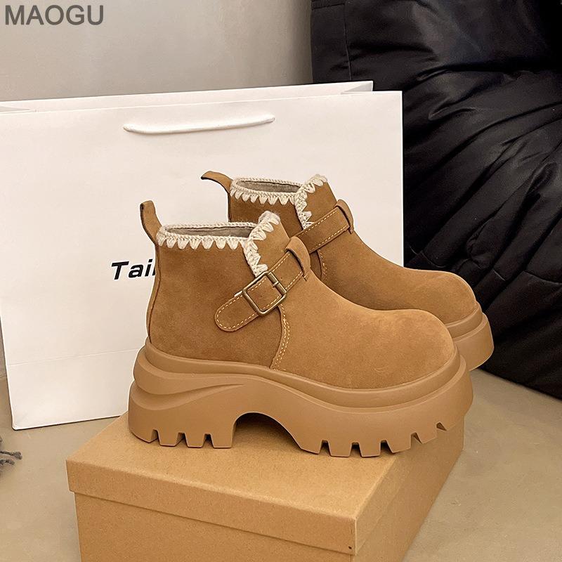 Platform Thick Sole Height Increasing Brown Ankle Boots Women's 2026 New Autumn Fashion Chunky Heel Shoes Slip On Botas Mujer