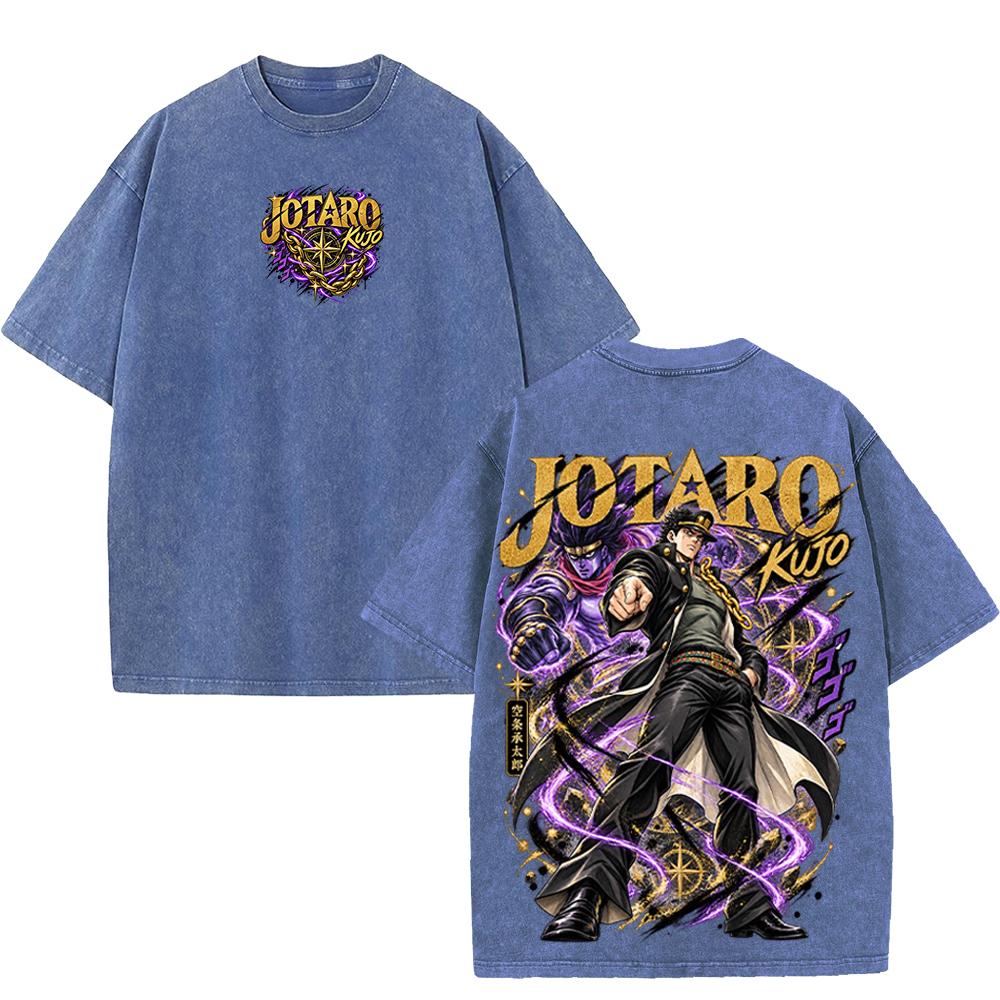 JoJo's Bizarre Adventure Jotaro Kujo Anime T-shirt Men Clothing Vintage Washed Oversized T Shirt Short Sleeve Cotton Tees Tops