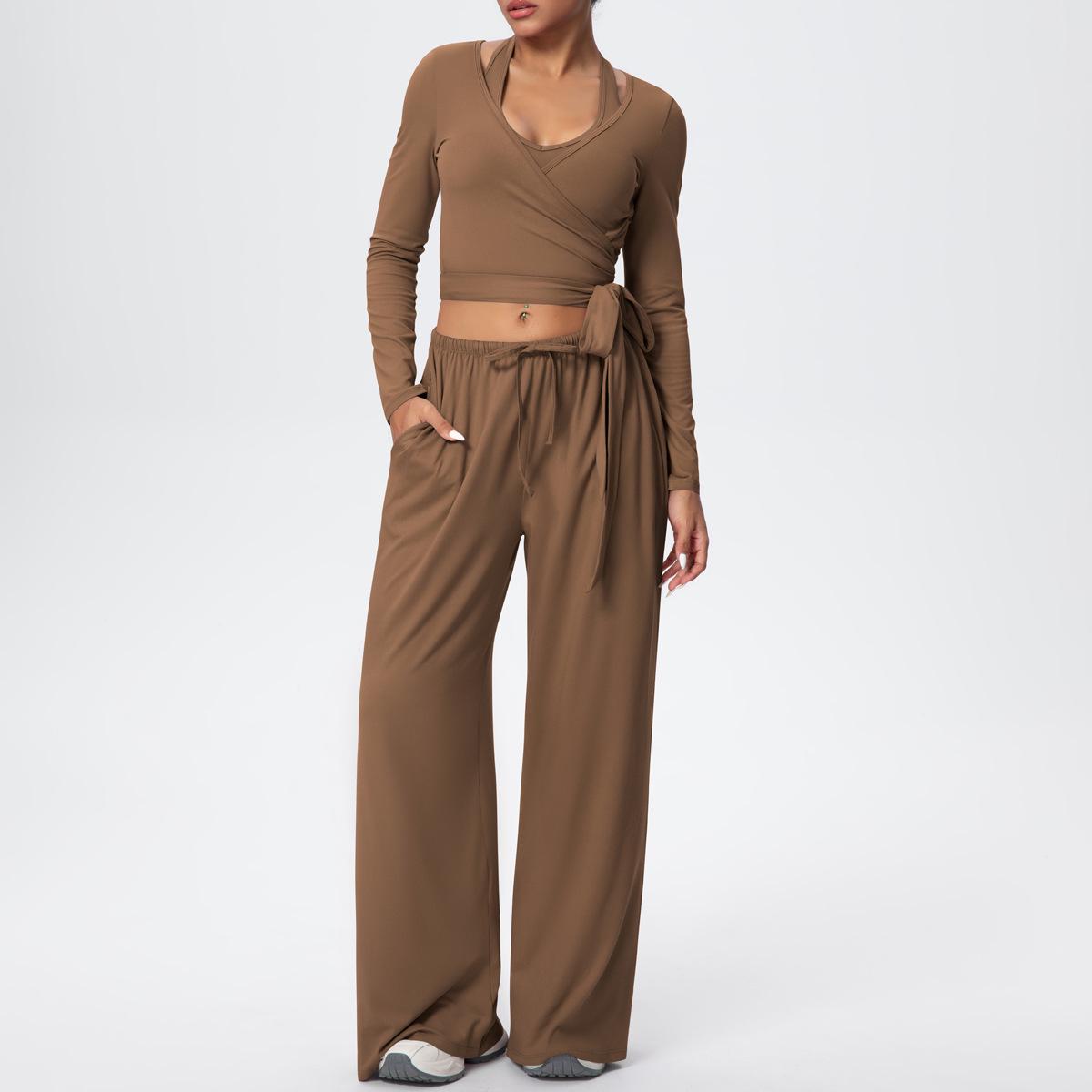

Cross-Border Solid Color Brushed Long-Sleeve Drawstring Vest 3-Piece Yoga & Fitness Set Small