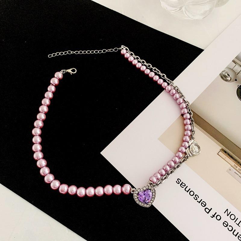 The Same Purple Love Pearl Necklace Light Luxury Rhinestone Collarbone Chain Temperament Choker Collar