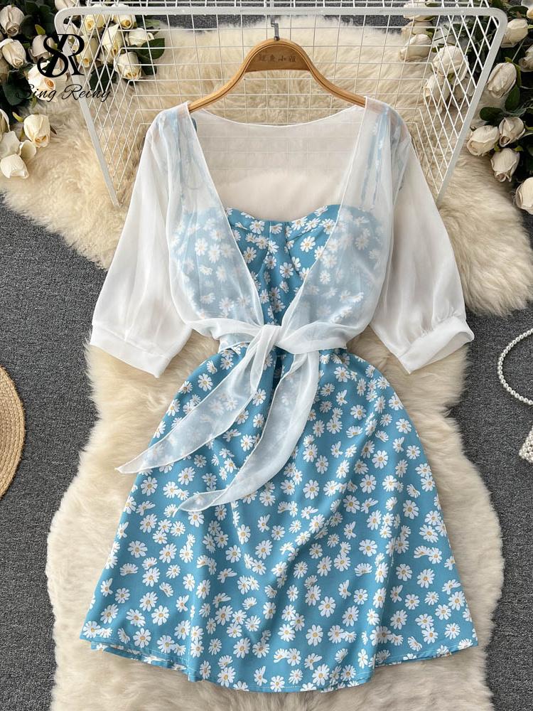 

Милі нові сукні з двох частин із квітковим принтом Жіночі літні тонкі сукні Мода для відпустки Елегантний жіночий одяг для пляжної вечірки One Size синій