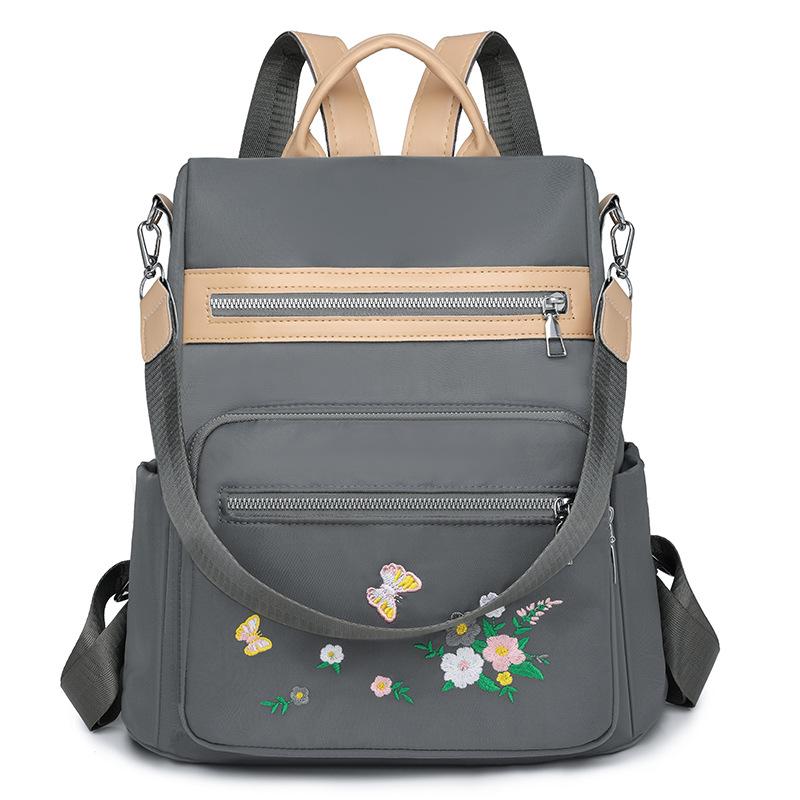 

Женский вышитый рюкзак, многофункциональная сумка через плечо, нейлоновый легкий школьный ранец для школьников серый
