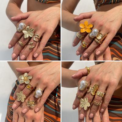 Ins Style Pearl Hollow Irregular Ring Retro Diamond Alloy Flower Joint Ring Set Fashion Light Luxury Literature Ins Style Women's Jewellery