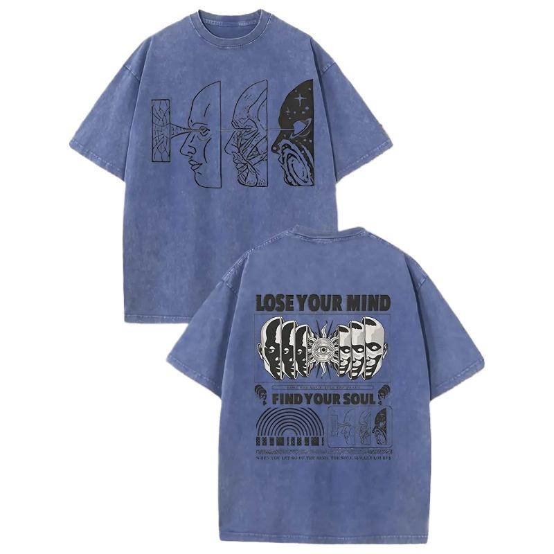 

European sizes Men S T-Shirt- Distressed Double- Loose Street Style Round Neck Short Sleeve, All-Season Casual Shirt Suitable for Daily Wear 5XL синій