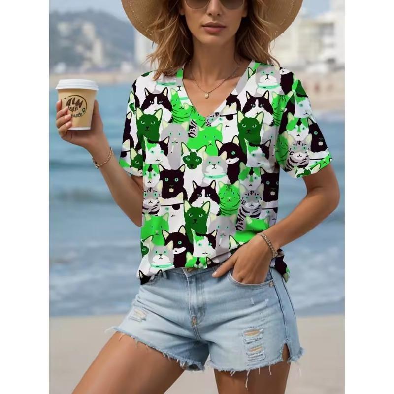 Women's T-Shirt Kawaii Cat Graphic Fashion Short Sleeved V-Neck Regular Tops Daily 3D Print Tee Summer Spring Casual Tops