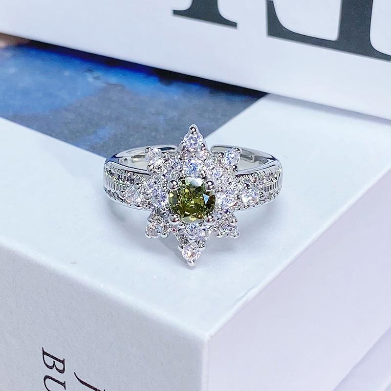 Sweet Light Luxury Zircon Super Flash Exquisite Open Ring Niche High-End Sense Stacking Wearing Colored Treasure Ring Women'S Model