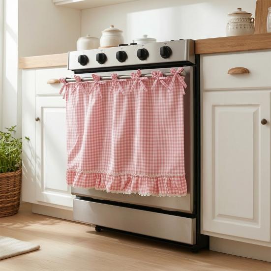 Oven Curtain, with Tie-Down Straps, Vintage Style, Easy Fastening Farmhouse Oven Door Ruffled Stove Skirt Curtain for Kitchen