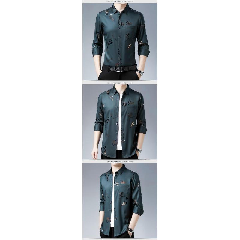 Men Casual Slim Fit Long Sleeve Thin Non Iron Letter Print Shirt