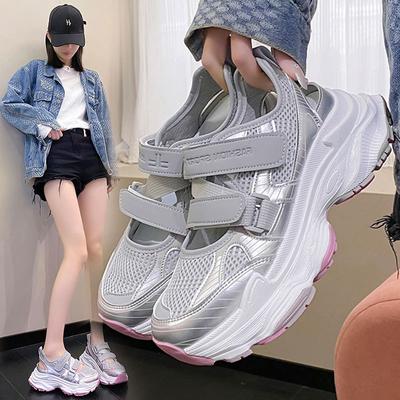 Mesh-Klettverschluss-Plateau-Sneakers Damen Herbst 2024 neue vielseitige Dad-Schuhe hohl atmungsaktive Freizeitschuhe