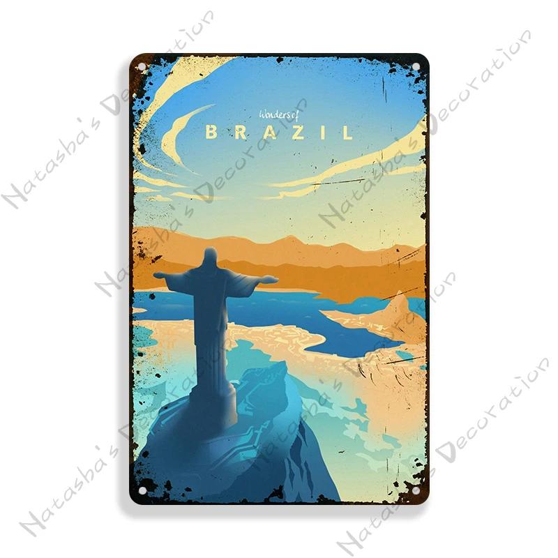 Brazil Vintage Poster Rio De Janeiro Metal Sign Landscape Decorative Sign Retro Metal Plaque Man Cave Pub Home Club Wall Decor