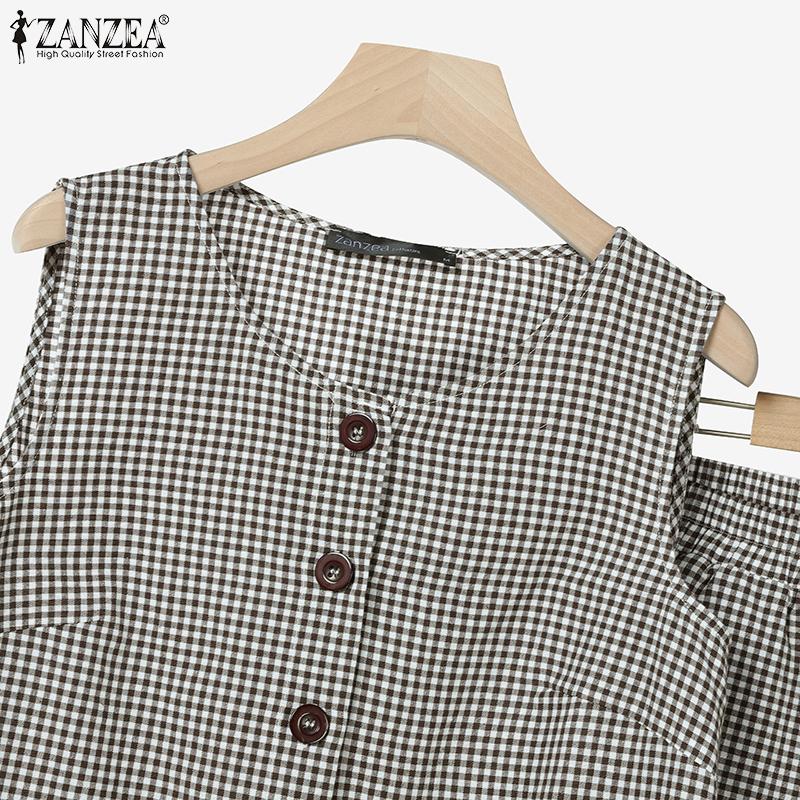 ZANZEA Women Sleeveless Vest and Shorts Summer Plaid Print Two Piece Suit Sets