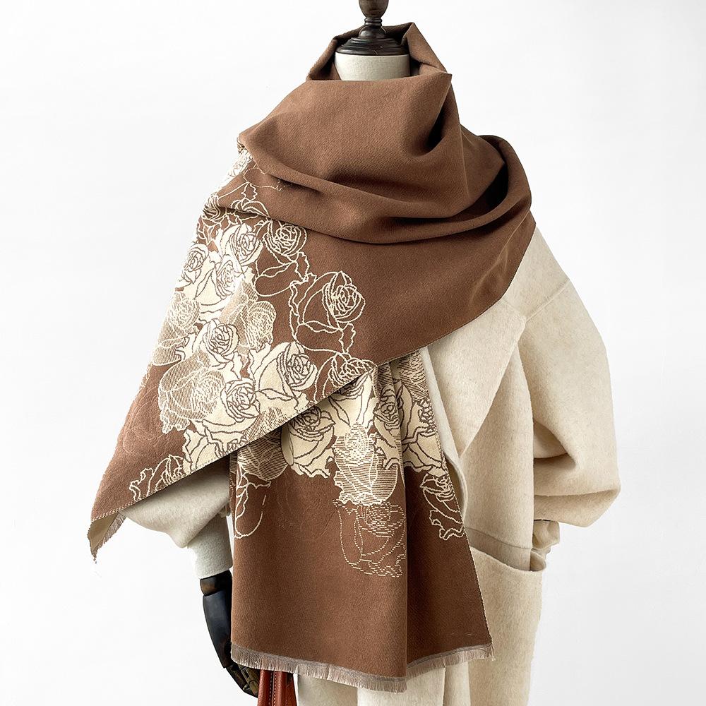 New camellia jacquard imitation cashmere scarf female tassel high-end red shawl gift scarf