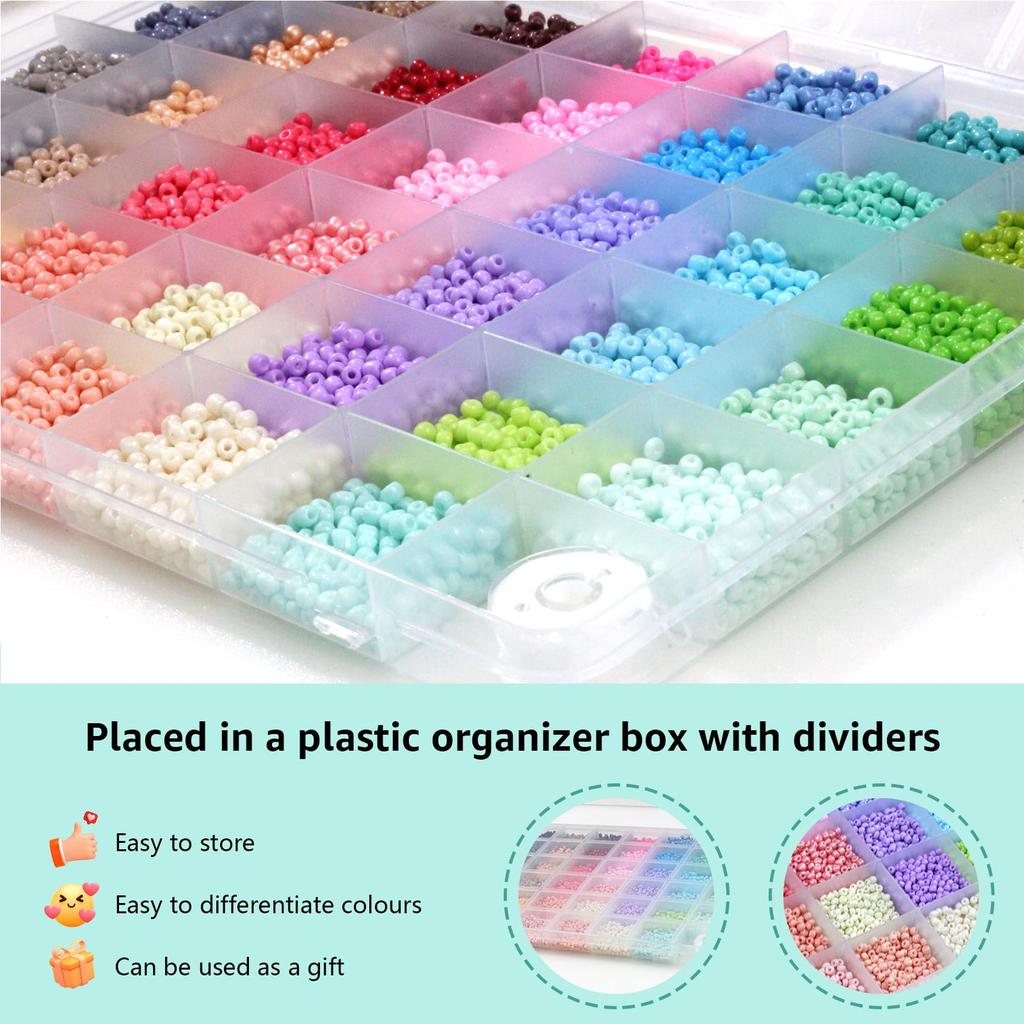 BetterJonny 3mm Glass Seed Beads, Round Seeds, 41 Colors, Approx. 10,250 Pieces/Box, DIY Accessory Kit Supplies for Crafts and Jewelry Making