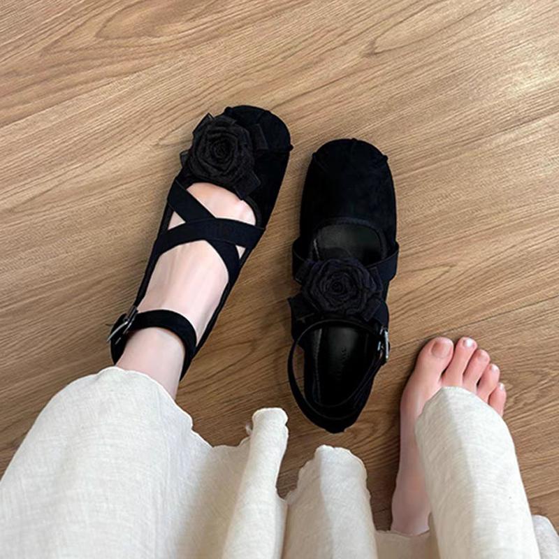 Fashion Elastic Cross Band Ballets Woman Belt Buckle Flats Shoes Lace Flower Mary Janes Ladies Flock Loafer Femme Bride Dance Ballerinas