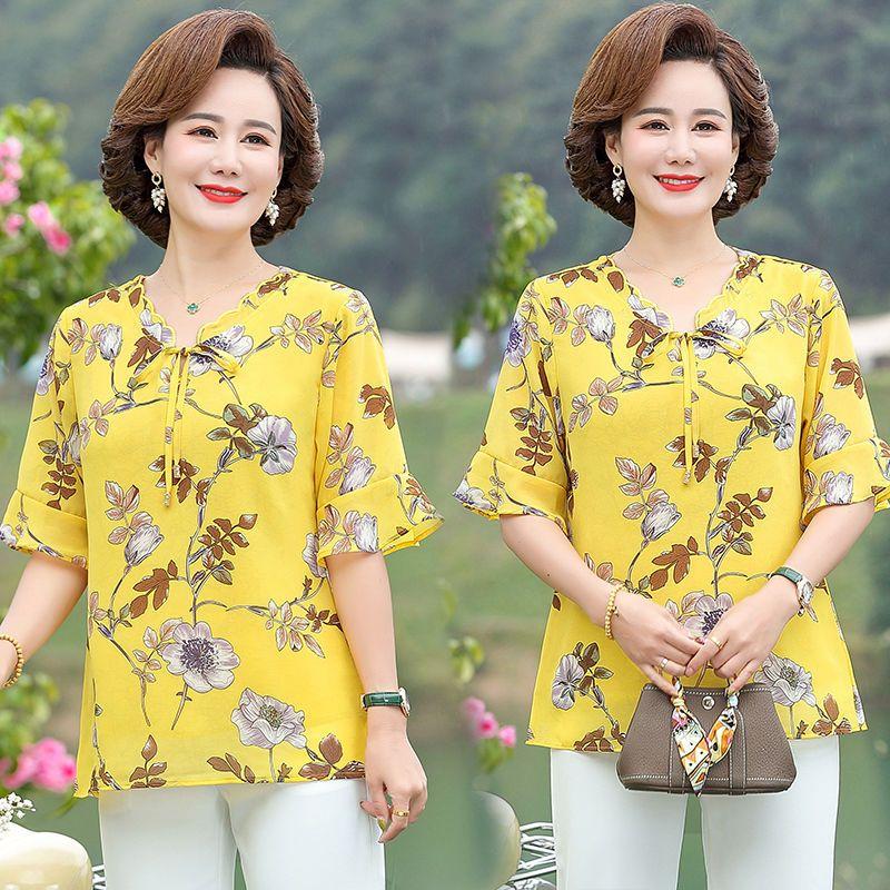 Mother Top Chiffon T-shirt Middle-aged and Elderly Short-sleeved Women's Clothing New Style Thin Shirt Fashionable