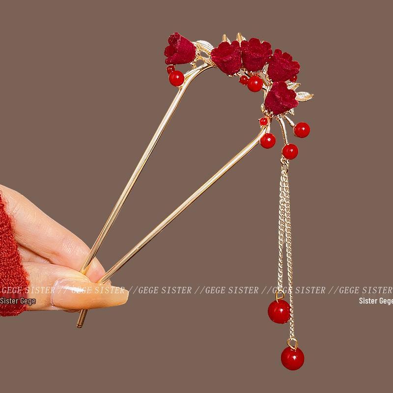 Elegant Red Rose Tassel Hairpin - U-shaped Hair Accessory for Women, Perfect for Updos and Traditional Attire.
