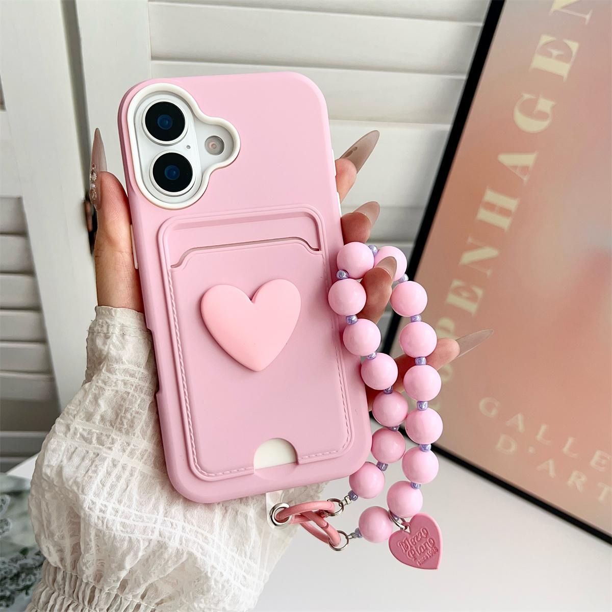 

3 in 1 Soft Silicone Phone Case For Apple iPhone 11 12 13 14 15 16E 16 Pro Max Plus Cover with Card Holder Wrist Strap Heart iPhone 15 рожевий