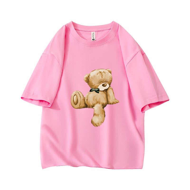 Cute Sleepy Bear With Bow Oversized Short Sleeve O Neck T Shirt Graphic Print 100 Cotton 2000s Women Tops Clothes Summer