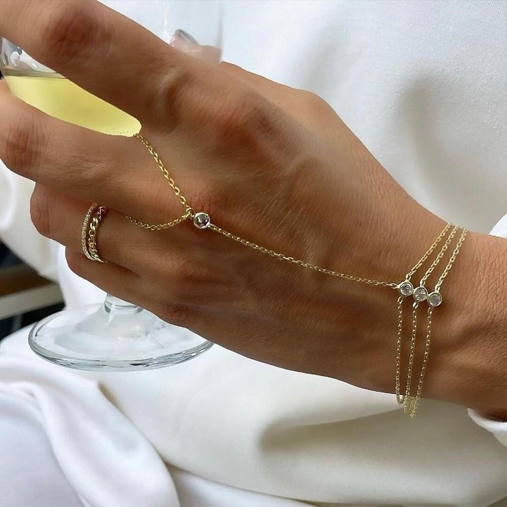 Gold/Silver Finger Bracelets Shiny Rhinestones Delicate Thin Chain Ring Bracelets Handmade Multilayer Vintage