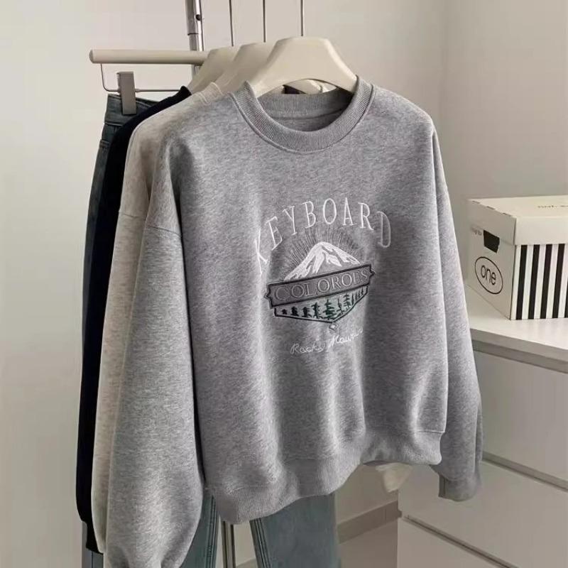 

Sweatshirt for Women Embroidery Oversize Slimming Loose Round Neck Casual Pullover Long Sleeve Spring Sweatshirt Top L сірий