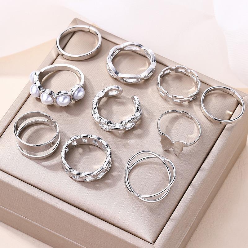 Alloy Butterfly Ring Jewelry Personalized Women's Irregular Pearl Pair Ring Stacked Wearing Ring Set