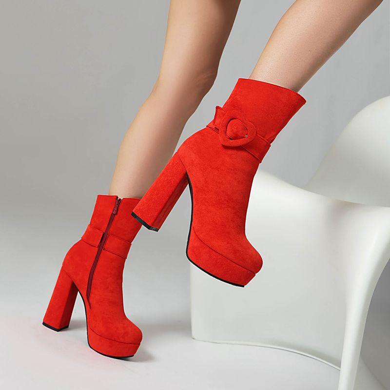 Flock Suede Women Ankle Boots Round Toe Block High Heels Platform Hill Buckle Big Size 43 44 Bota