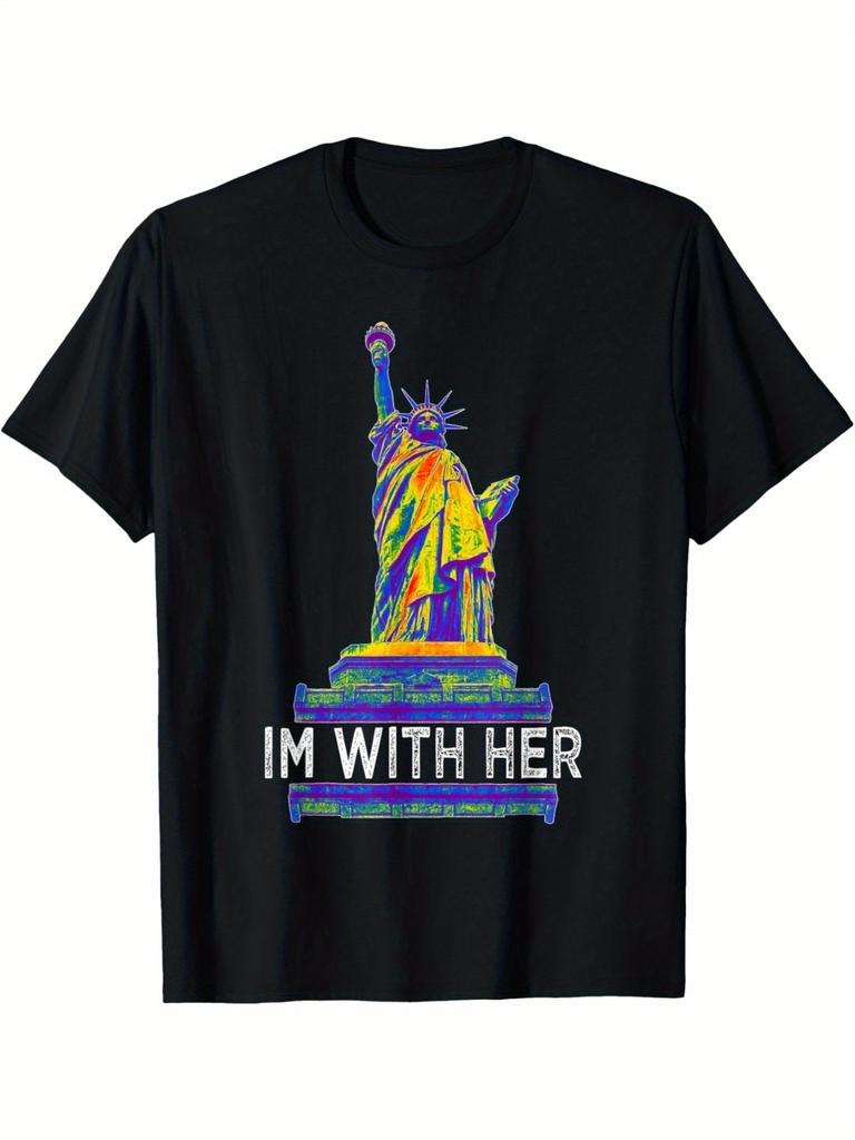 Statue of Liberty Im With Her Graphic Tee Men's Casual Crew Neck Cotton T-Shirt Daily Wear